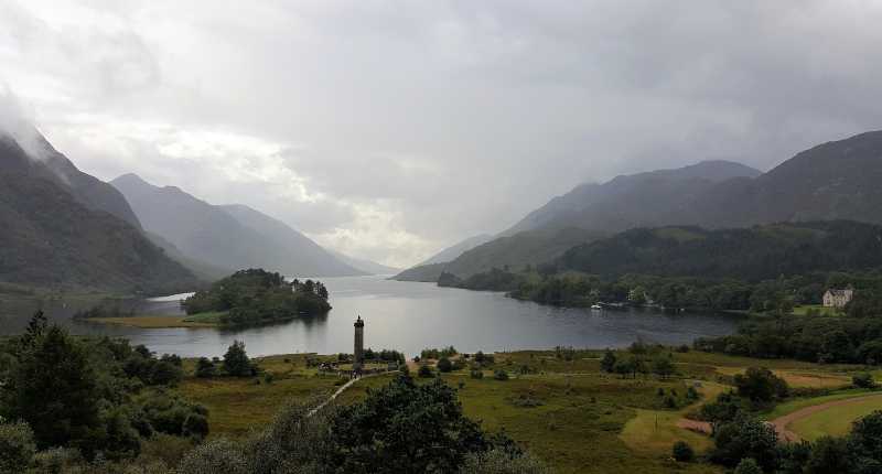 View of Glenfinnan Monument from above the visitor's center.