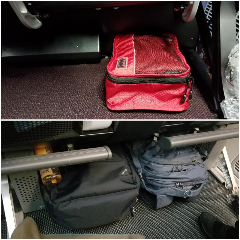 Space under the seats in Premium Economy. Virgin Atlantic on top, British Airways on the bottom.